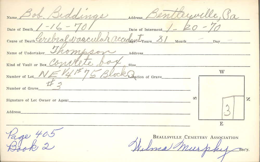 Bob Biddings burial card